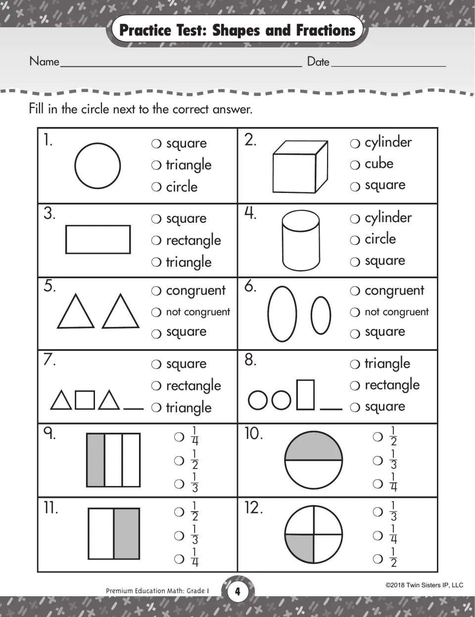 Shapes and fractions test: students name 2D and 3D shapes, judge congruence, finish patterns and read shaded fractions