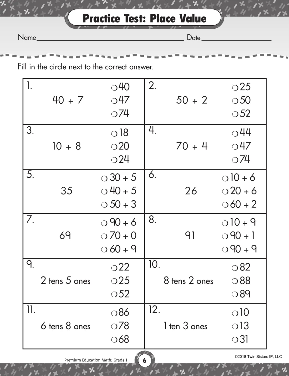 Place value test: students match two-digit numbers to expanded forms like 40 + 7 and to tens and ones