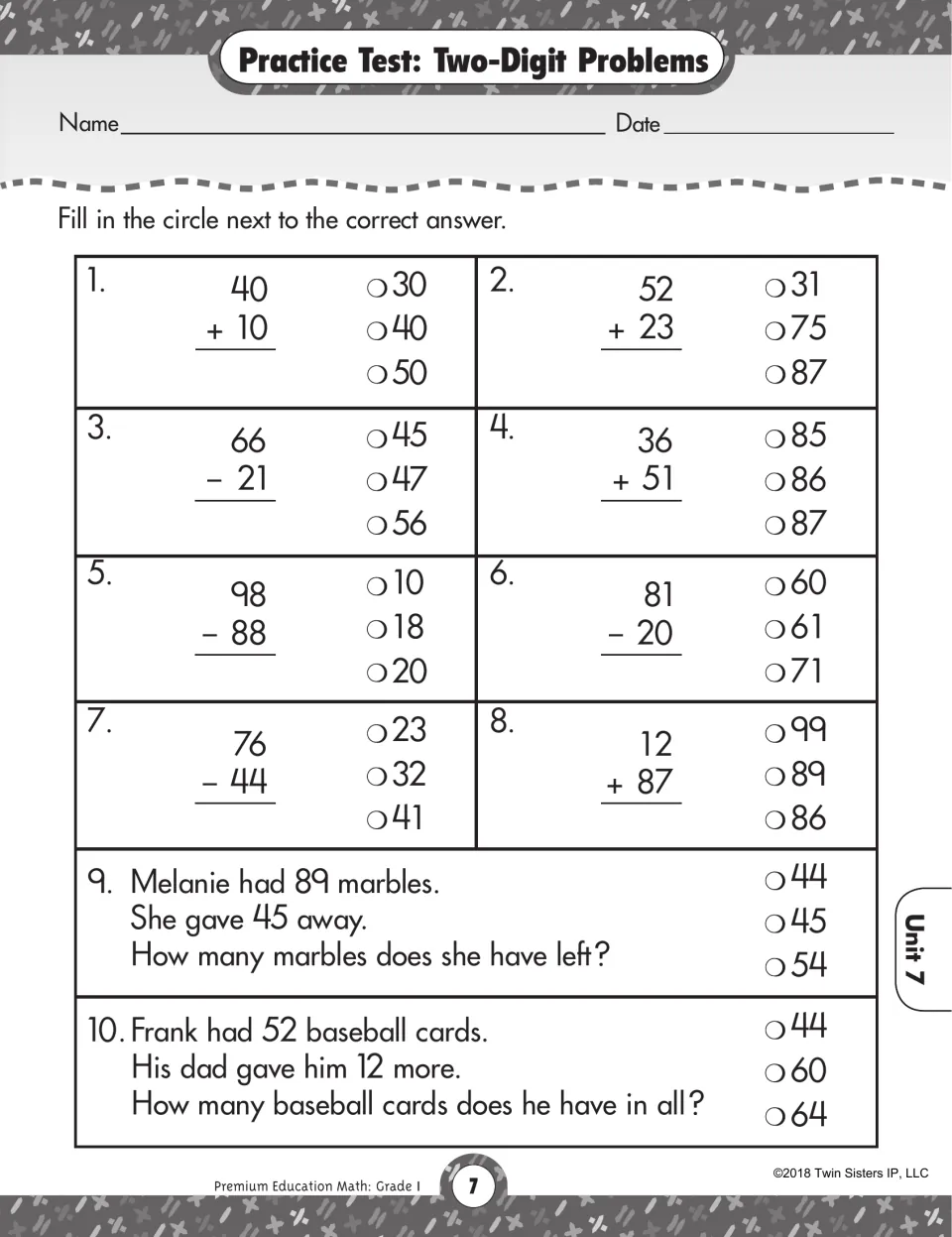 Two-digit problems test: students solve 8 sums and differences without regrouping plus 2 word problems