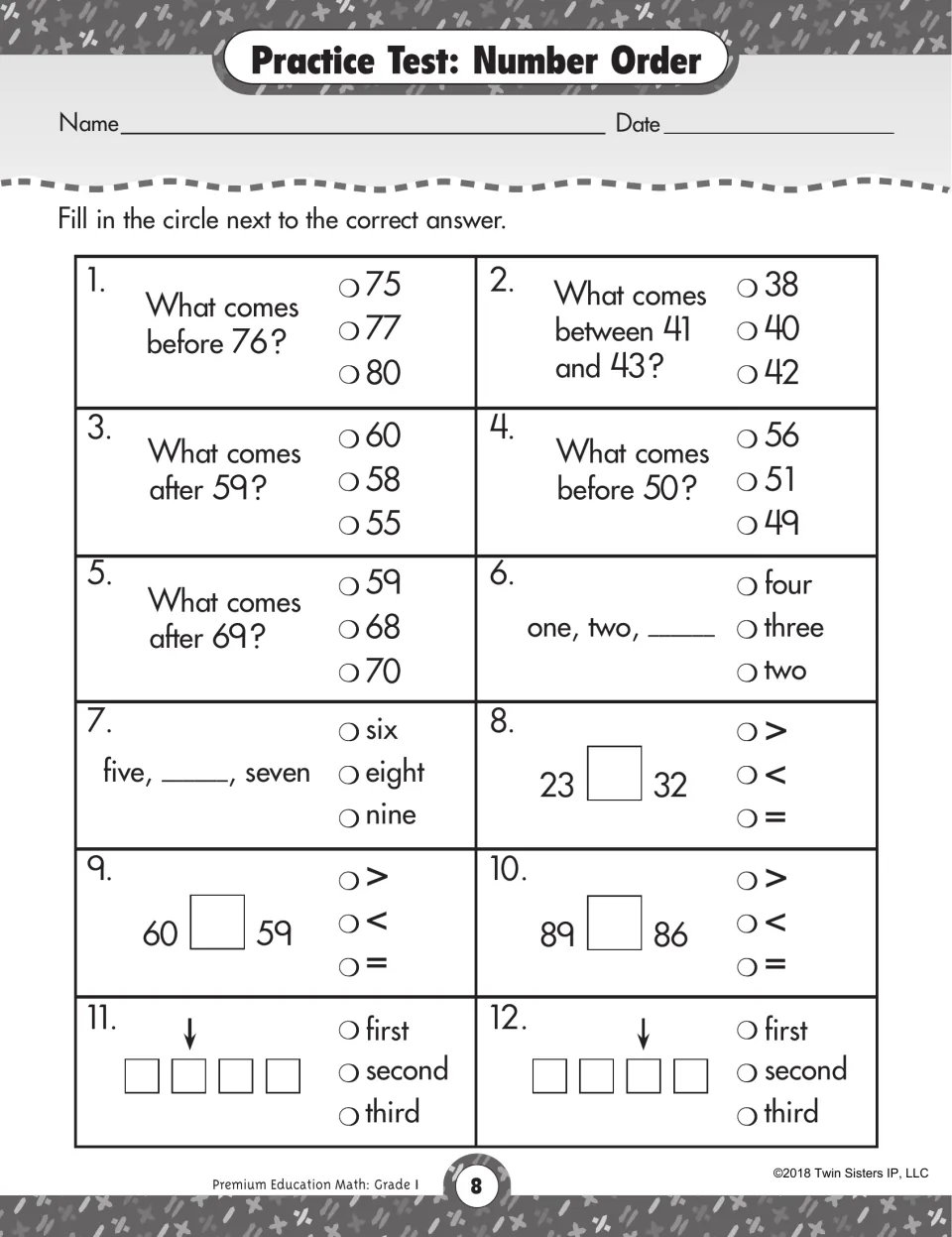 Number order test: students find numbers before, after and between, compare pairs and choose first, second or third