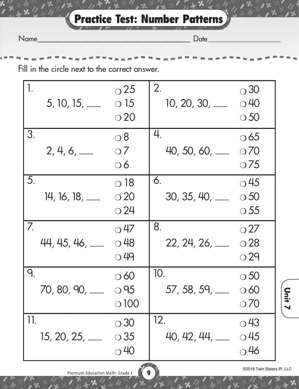Number patterns test: students choose the next number in 12 counting sequences by 1s, 2s, 5s and 10s