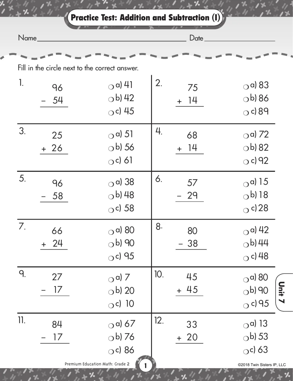 Addition and subtraction test I: students fill in the circle for 12 two-digit problems such as 96 - 54 and 25 + 26