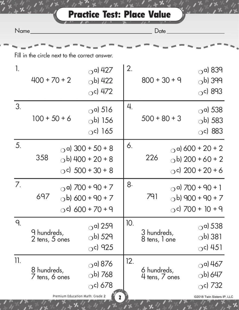 Place value test: students match expanded forms like 400 + 70 + 2 and hundreds, tens and ones to 3-digit numbers