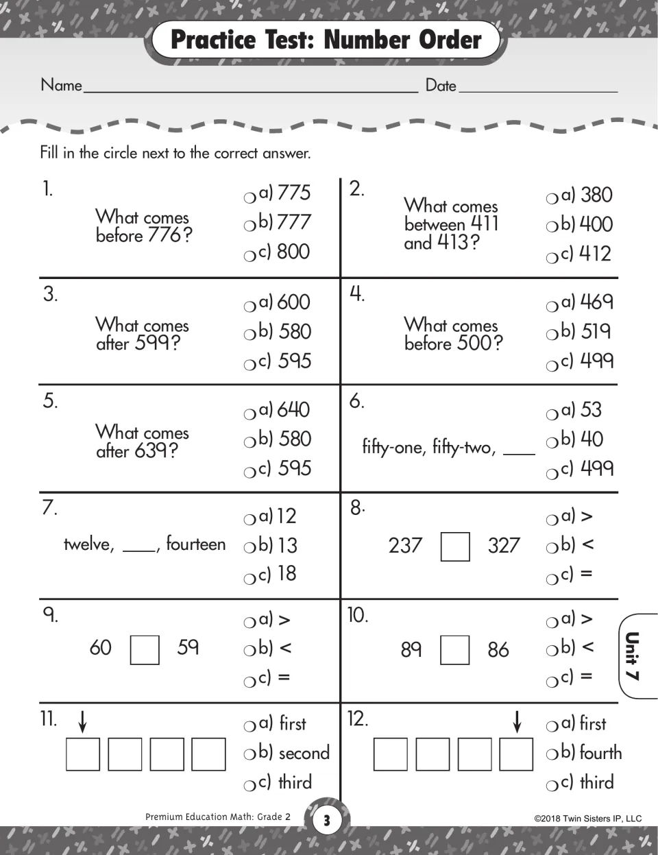 Number order test: students choose numbers before, after or between, compare with >, < or =, and name ordinal positions