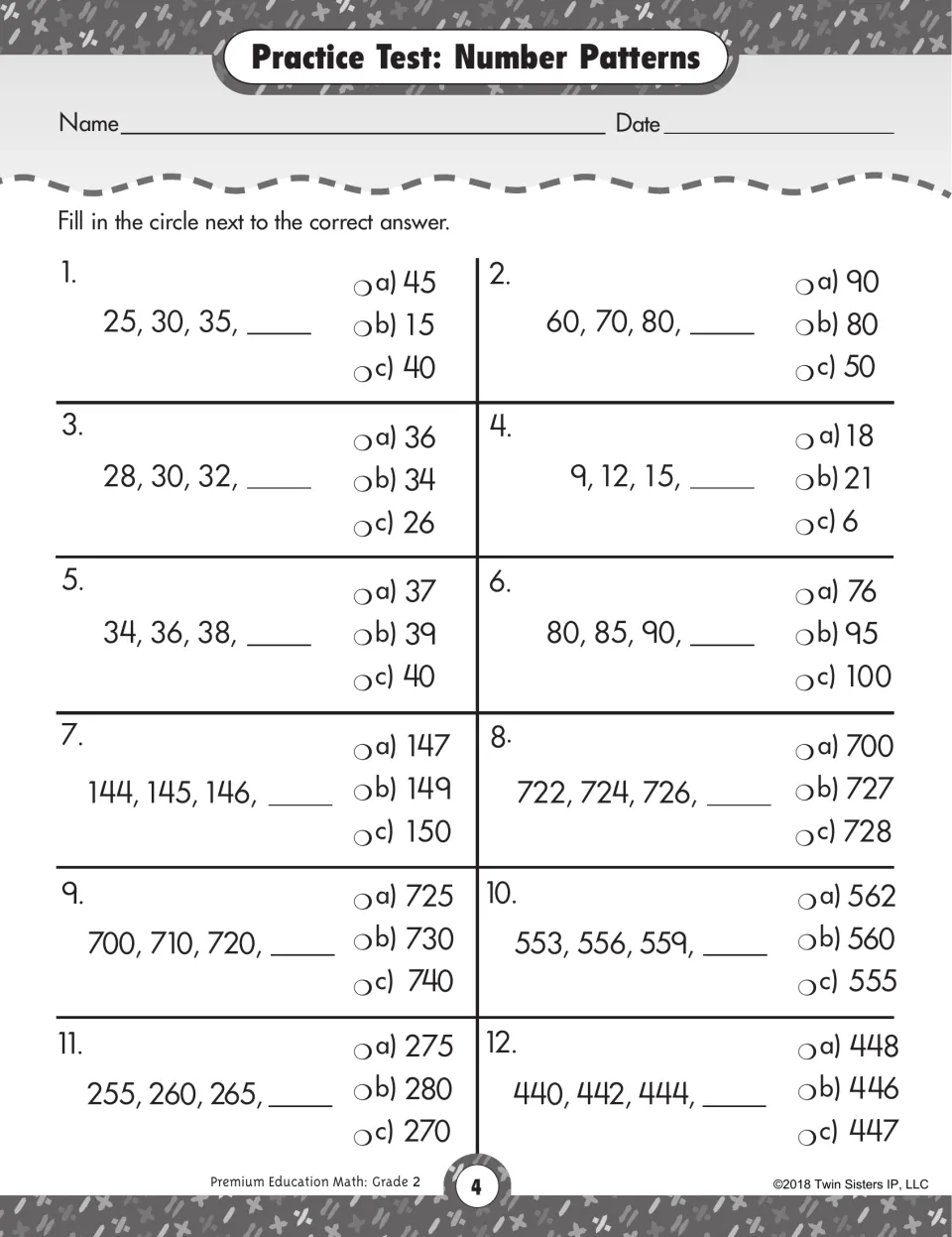 Number patterns test: students pick the next number in skip-counting sequences such as 25, 30, 35 and 553, 556, 559
