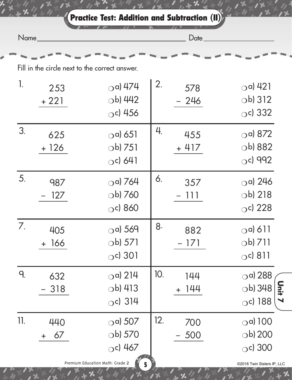 Addition and subtraction test II: students fill in the circle for 12 three-digit problems such as 253 + 221 and 632 - 318