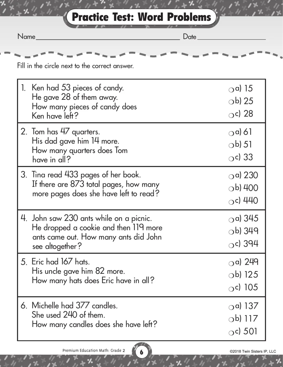 Word problems test: students solve six addition and subtraction stories about candy, quarters, pages, ants, hats and candles