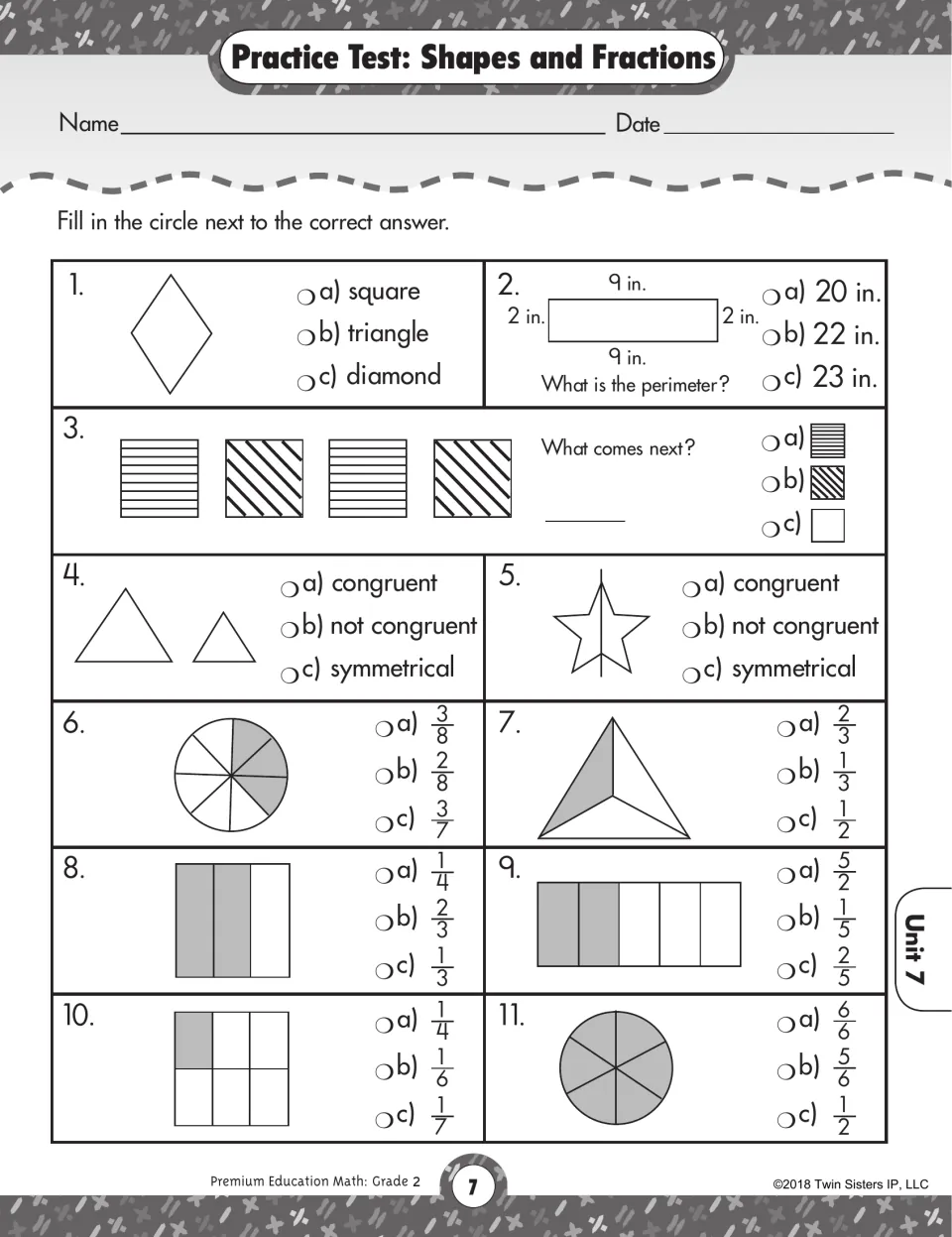 Shapes and fractions test: students name a diamond, find perimeter, judge congruence and pick fractions for shaded parts