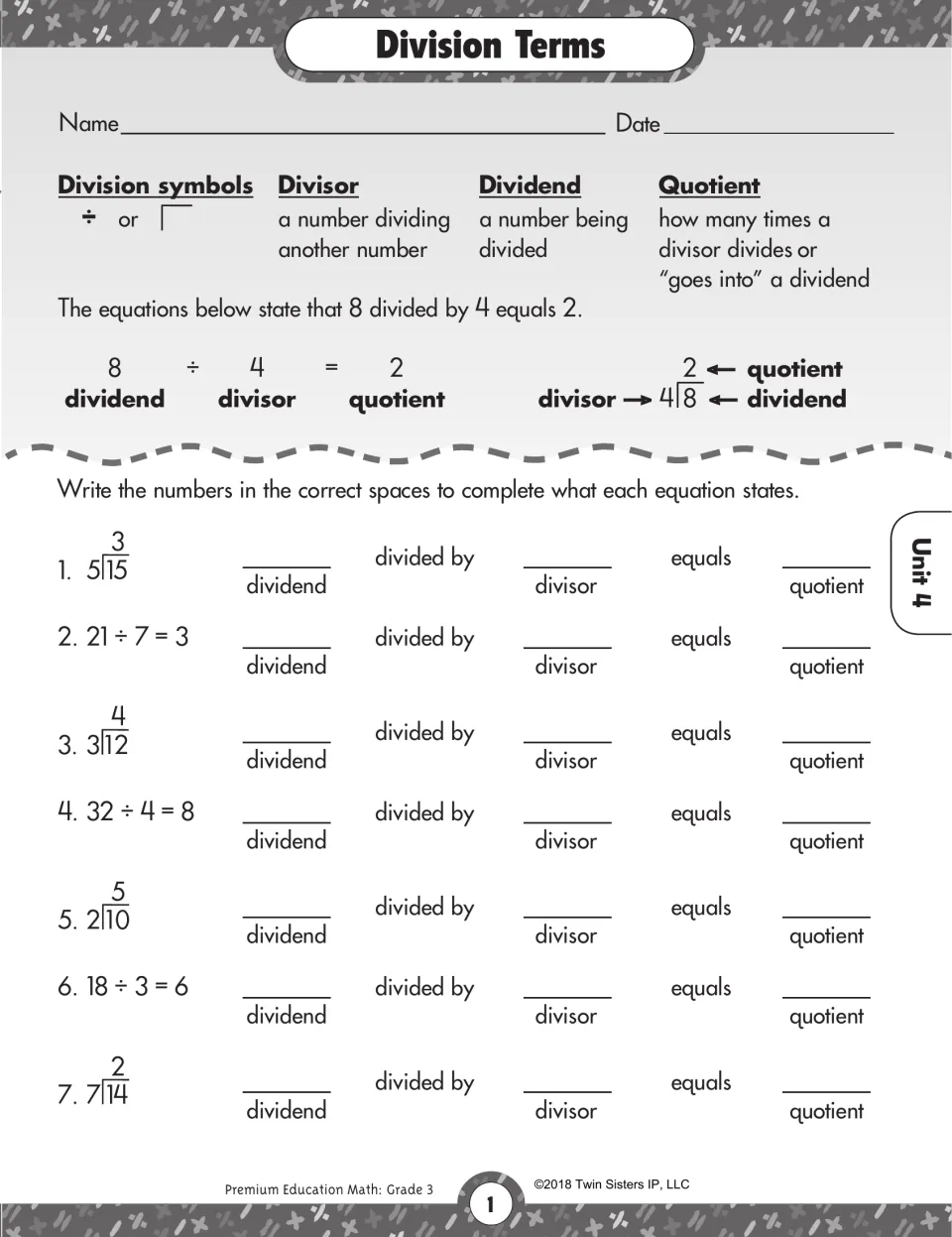 Division terms: students label the dividend, divisor and quotient in 7 equations after reading definitions of each term