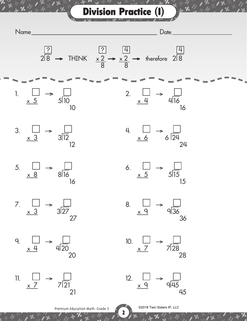 Division Practice (I): students fill in a missing factor, then use it to solve the matching division fact, for 12 problems