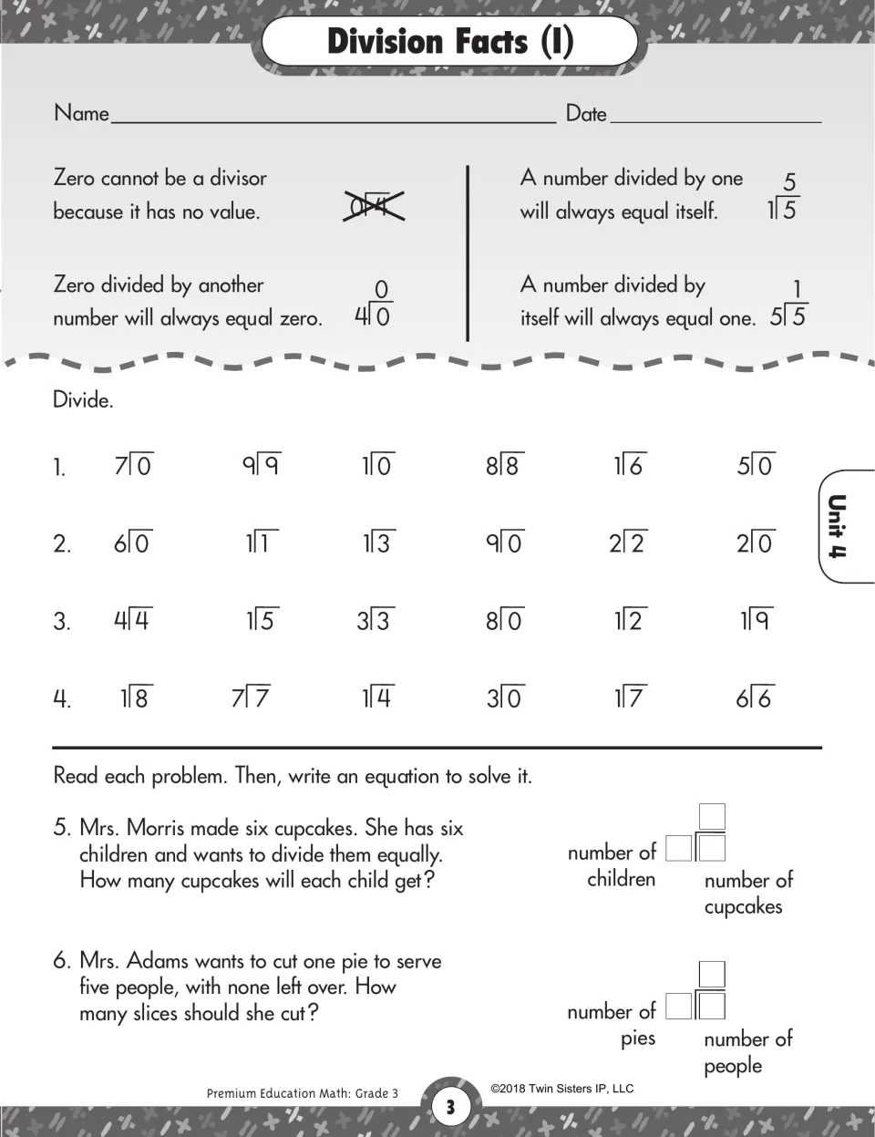 Division Facts (I): rules for dividing with 0 and 1, then 24 division facts and two cupcake and pie word problems