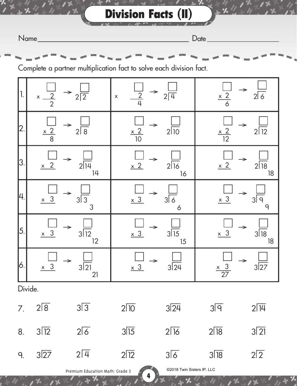 Division Facts (II): students divide by 2 and 3 using partner multiplication facts, then solve 18 mixed facts