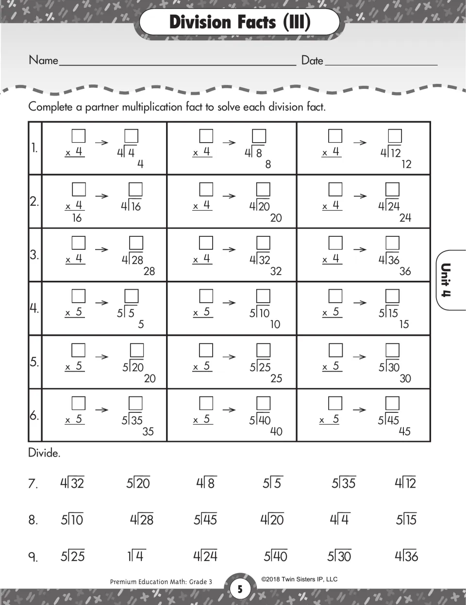 Division Facts (III): partner multiplication facts for dividing by 4 and 5, followed by 18 mixed division problems