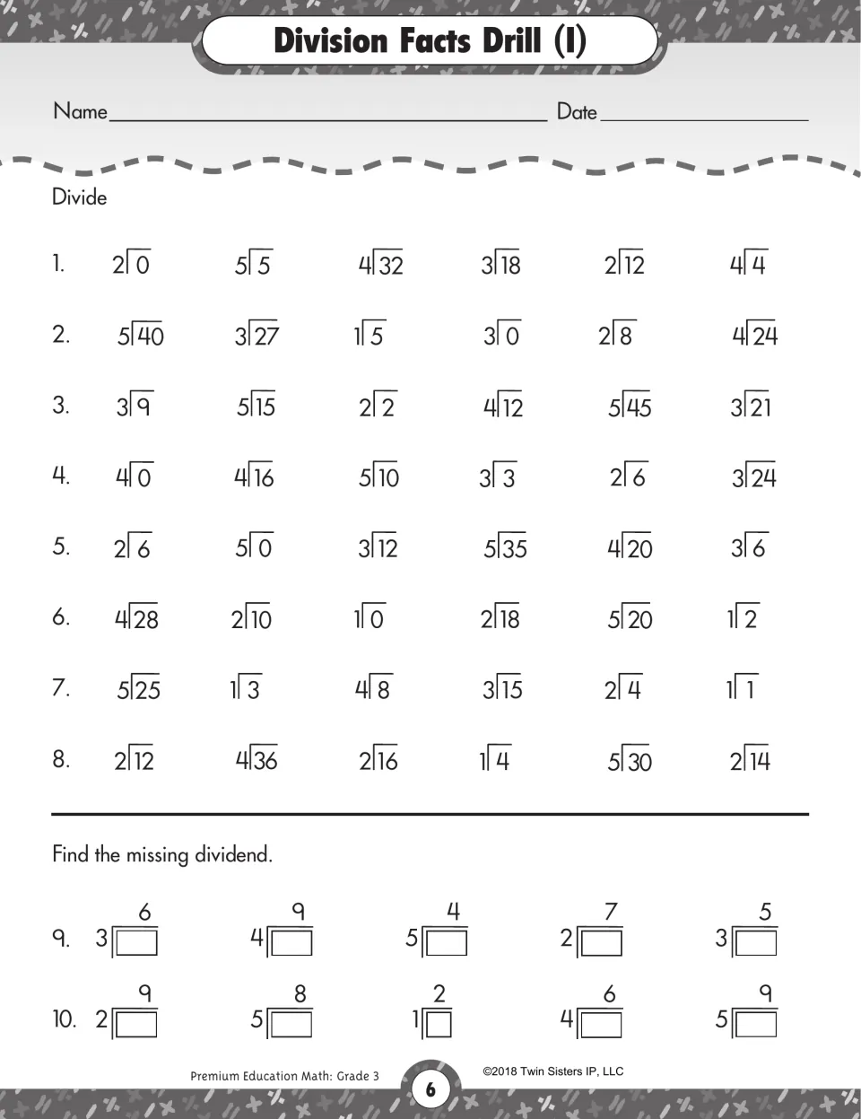 Division Facts Drill (I): 48 division facts with divisors 1 to 5, plus 10 problems finding the missing dividend