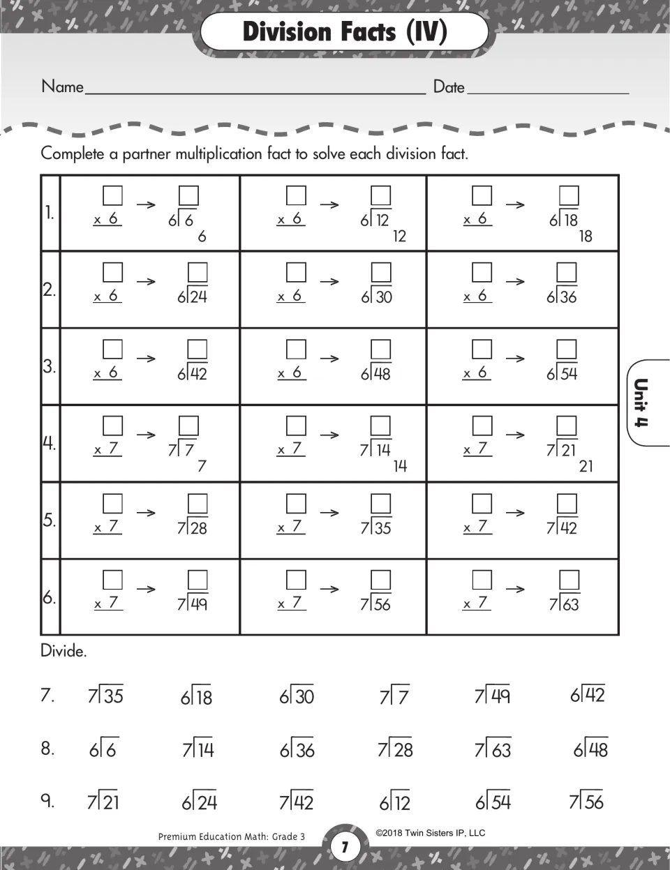 Division Facts (IV): students use partner multiplication facts to divide by 6 and 7, then solve 18 mixed division facts
