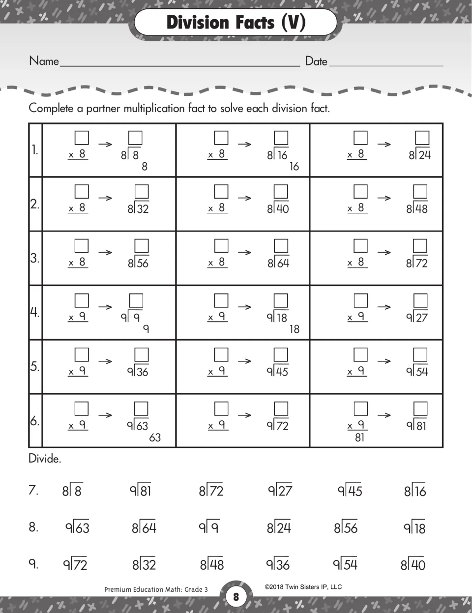 Division Facts (V): partner multiplication facts for dividing by 8 and 9, then 18 mixed facts with divisors 8 and 9