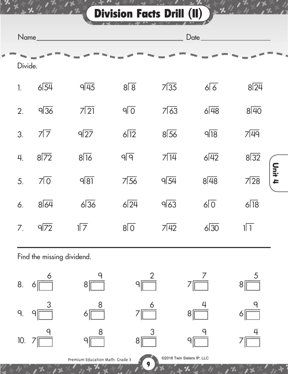 Division Facts Drill (II): 42 facts with mostly divisors 6 to 9, plus 15 problems finding the missing dividend