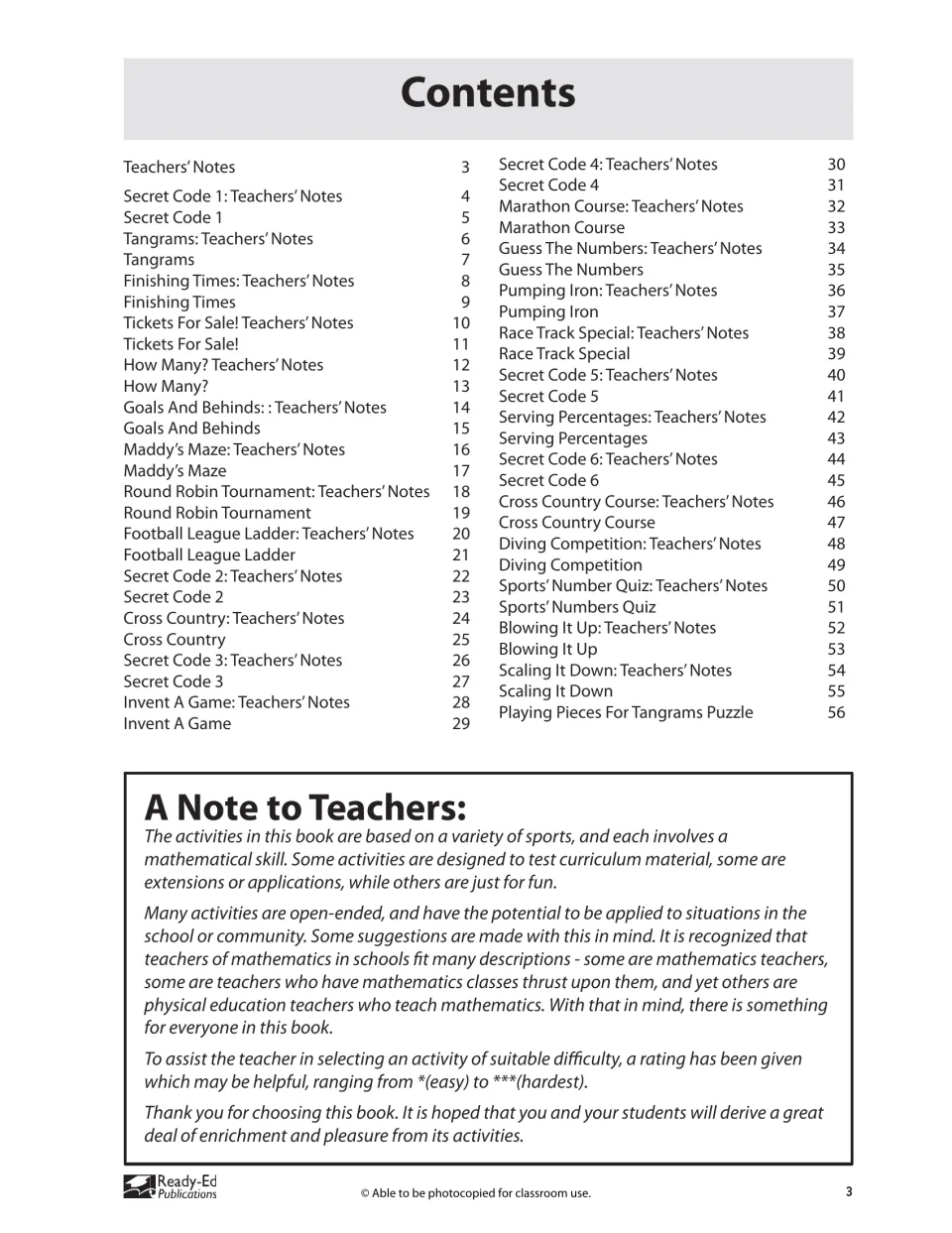 Contents lists sports math activities and paired teacher notes; a teacher introduction explains difficulty ratings
