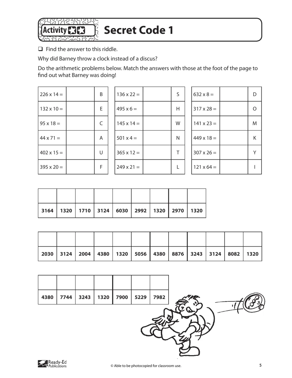 Secret Code 1 activity asks students to solve 18 multiplication problems to decode a clock-and-discus riddle