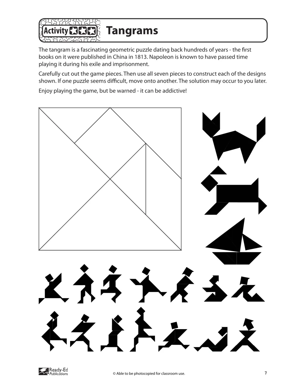 Tangrams activity provides seven pieces to cut out and animal, boat, and athlete silhouettes to recreate
