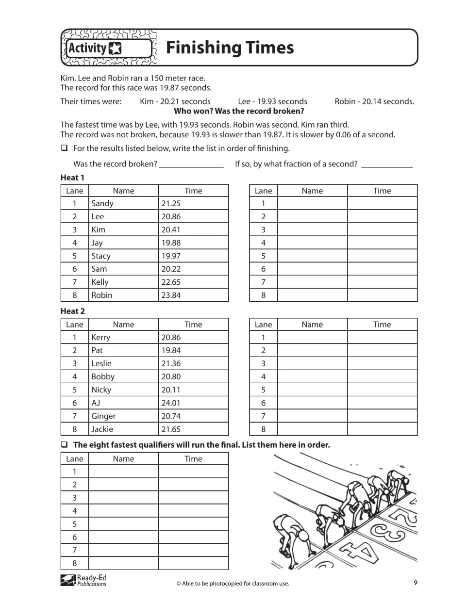 Finishing Times activity asks students to order race times, check a 19.87-second record, and select eight finalists