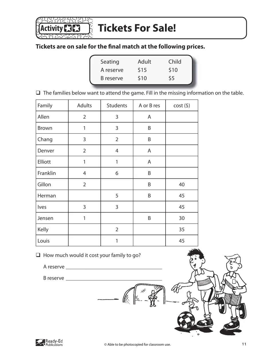 Tickets For Sale activity asks students to calculate family ticket costs using adult and child seating prices