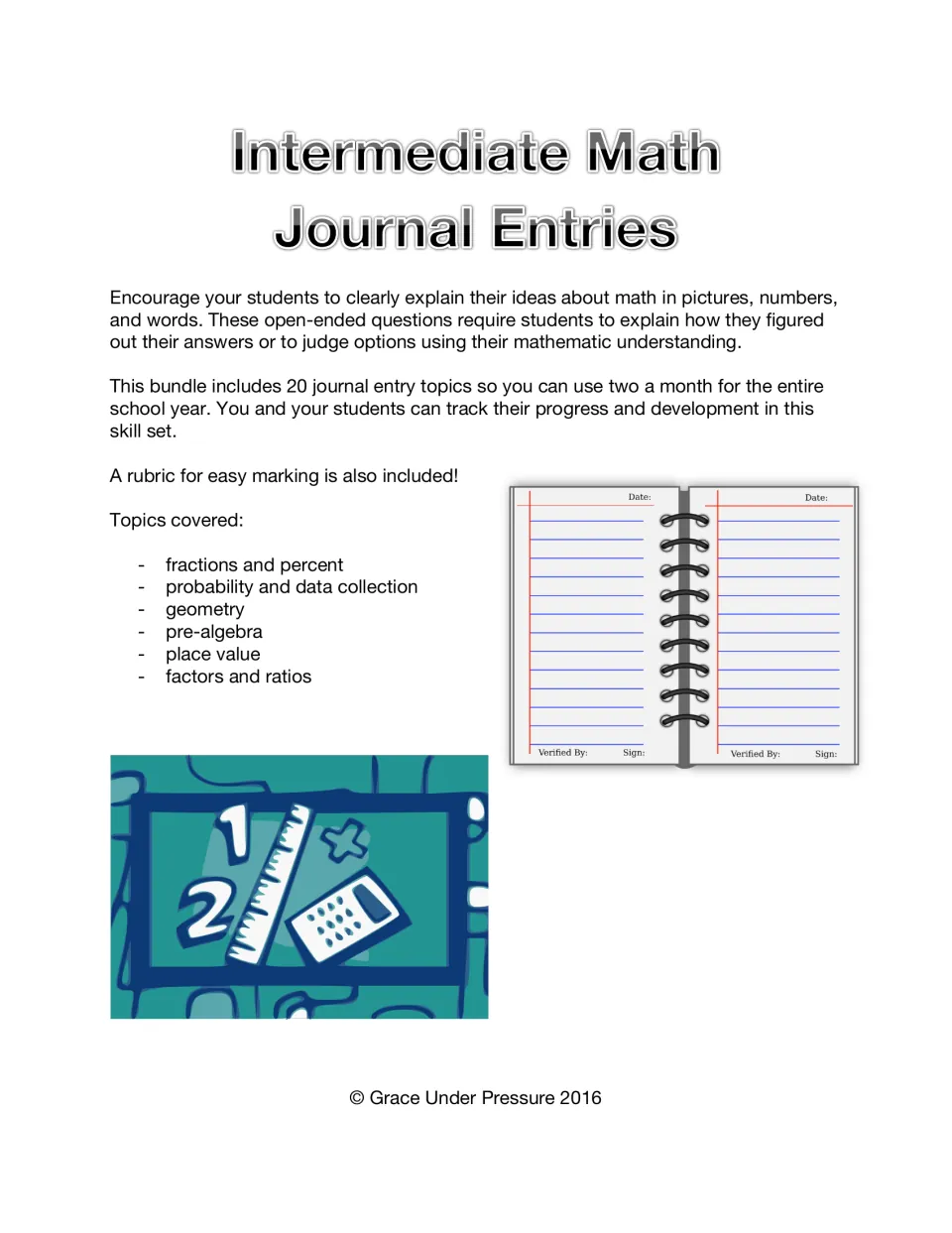 Intermediate Math Journal Entries cover: 20 open-ended prompts on fractions, percent, probability, geometry and pre-algebra