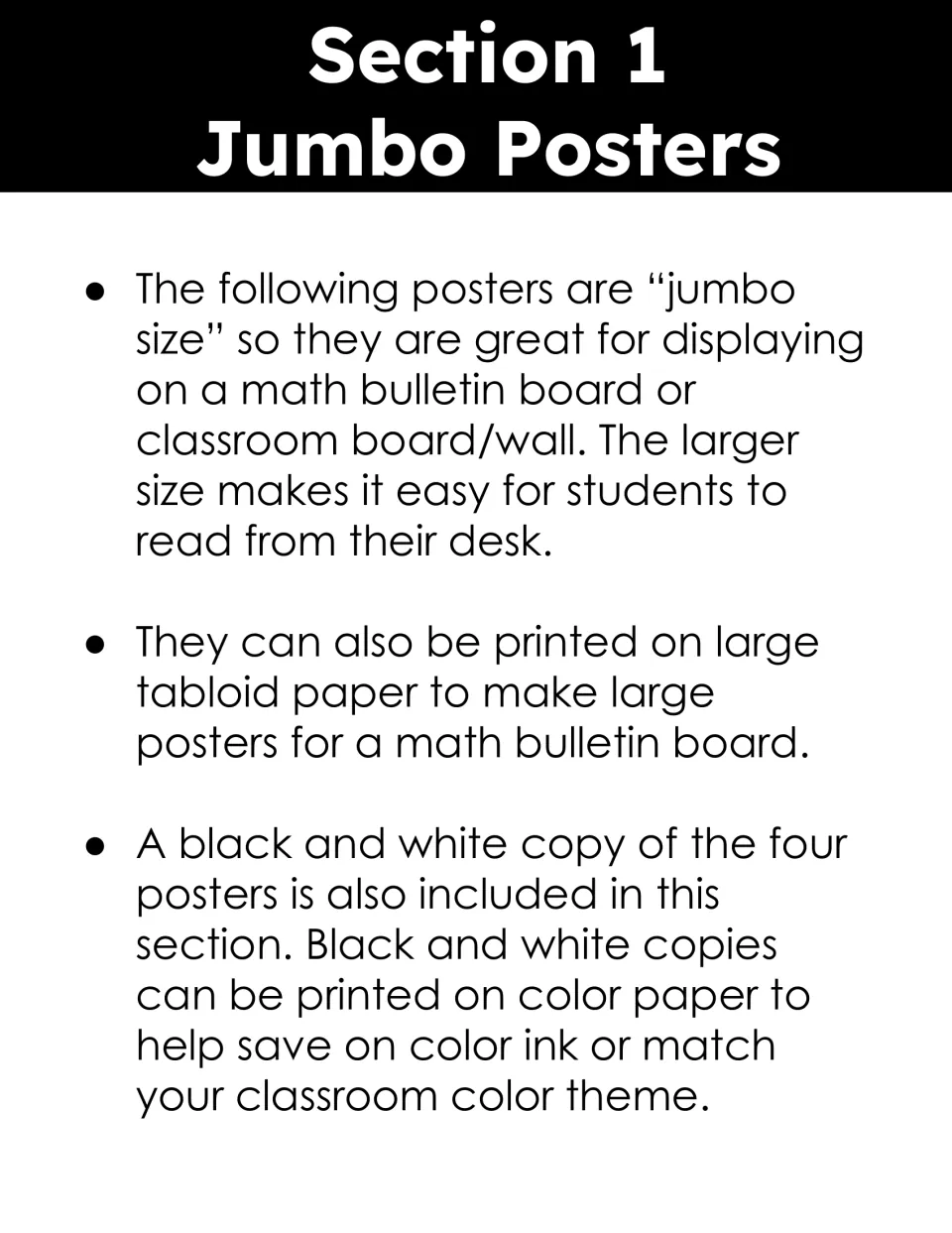 Section 1 Jumbo Posters: notes on displaying the four keyword posters and printing black and white copies on color paper