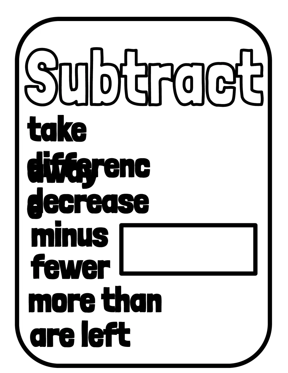 Black and white Subtract poster listing take away, difference, decrease, minus, fewer, more than and are left