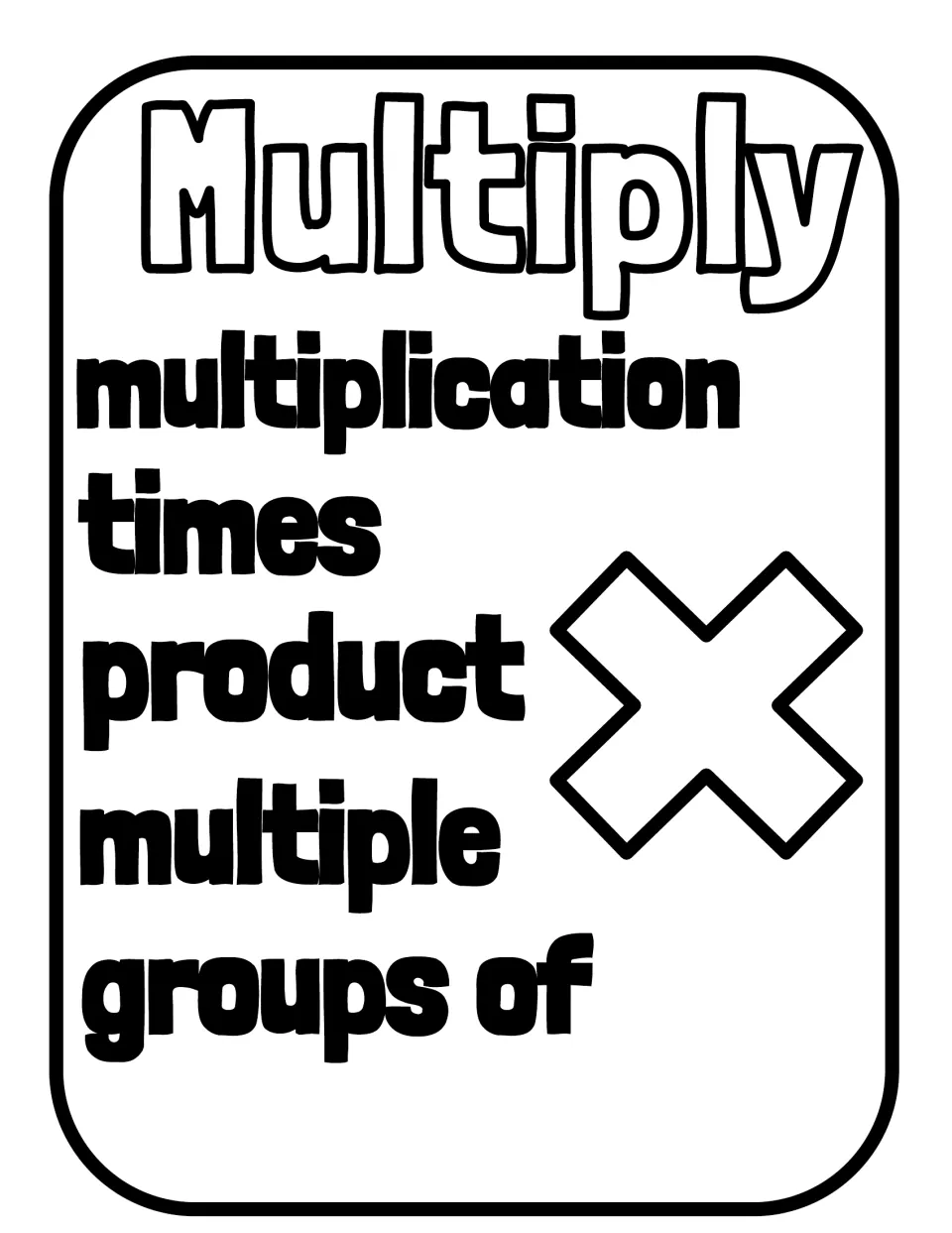 Black and white Multiply poster listing multiplication, times, product, multiple and groups of with a times sign