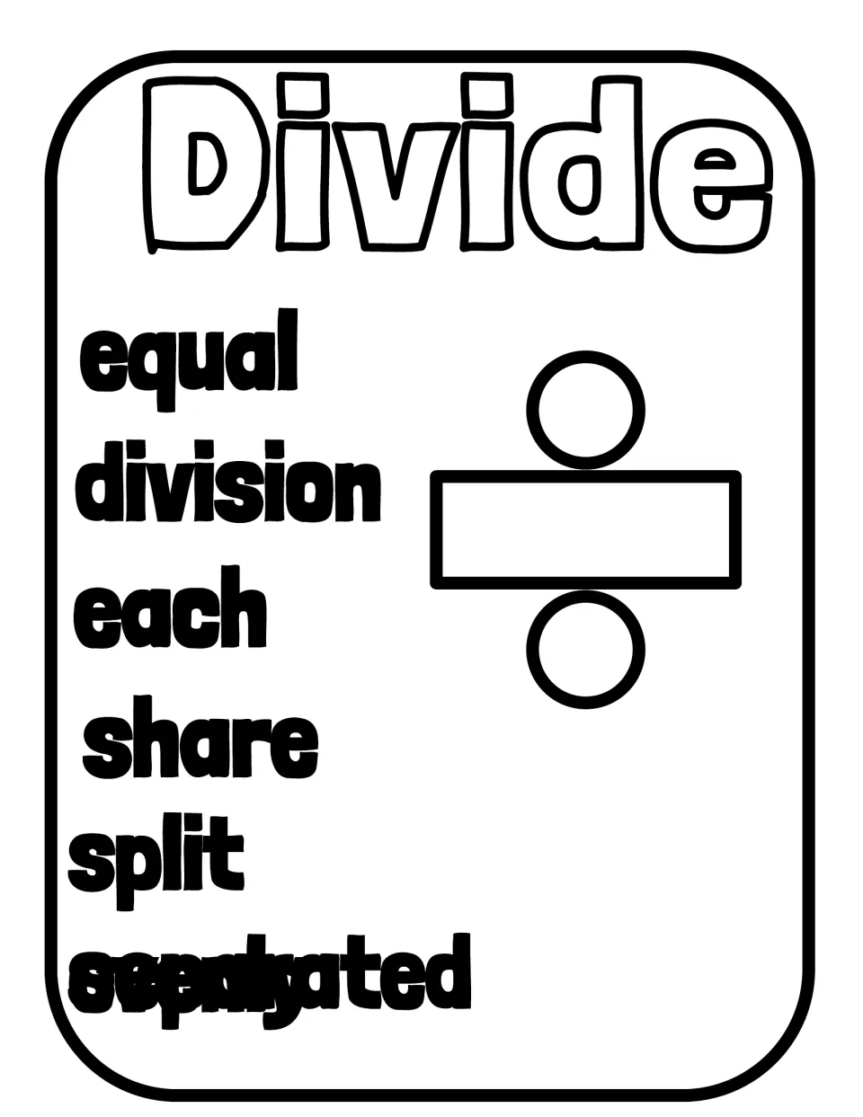 Black and white Divide poster listing equal, division, each, share, split and separated evenly with a division sign