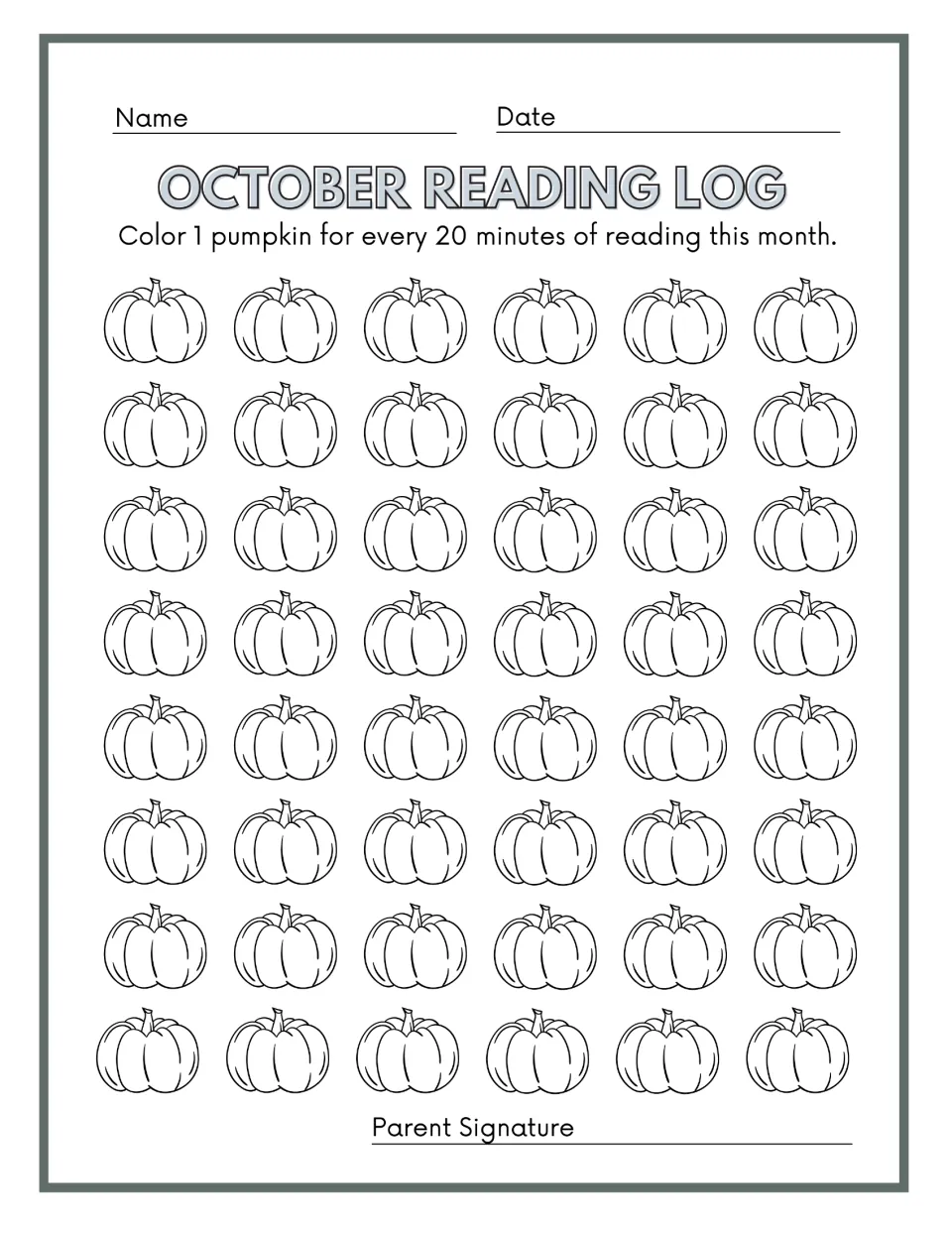 October reading log: color one of 48 pumpkins for every 20 minutes of reading, with a parent signature.