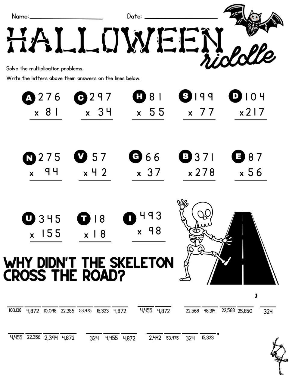 Halloween multiplication riddle: solve 13 problems to decode why the skeleton didn't cross the road.