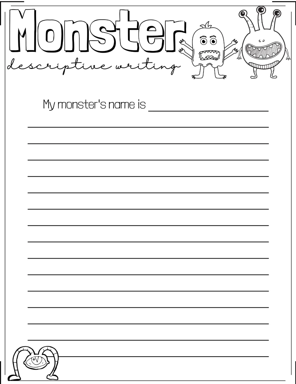 Monster descriptive writing activity begins with 'My monster's name is' for students to name and describe one.