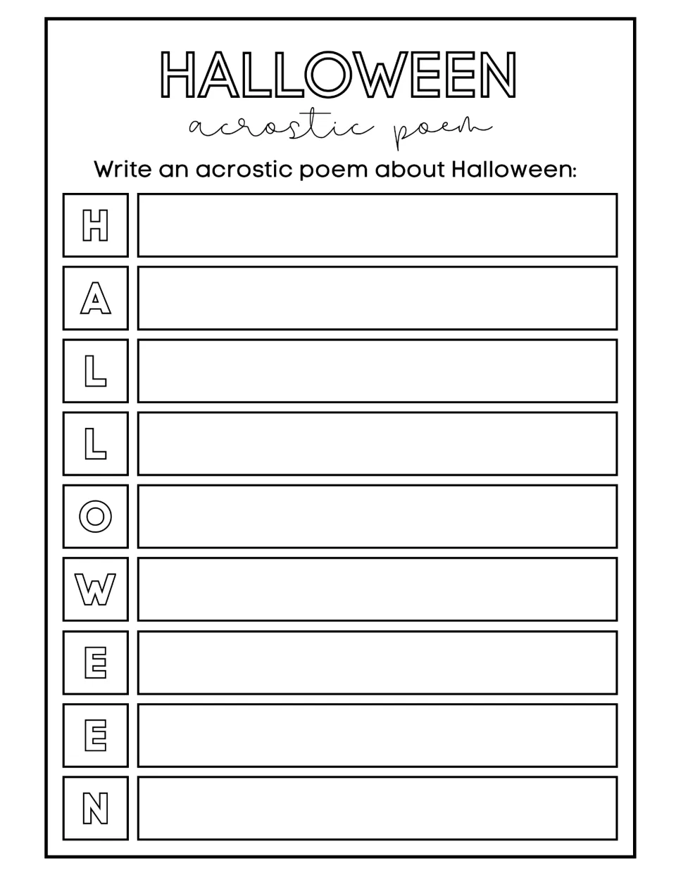 Halloween acrostic poem activity asks students to write a poem using the nine letters in HALLOWEEN.