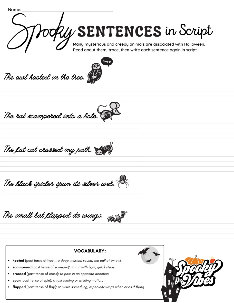 Spooky Sentences in Script: trace and rewrite five animal sentences, with vocabulary such as hooted and spun.