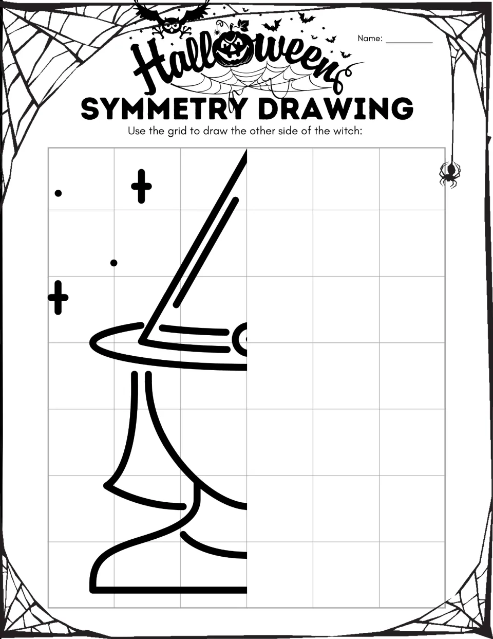 Halloween symmetry drawing activity asks students to complete the missing half of a witch wearing a pointed hat.