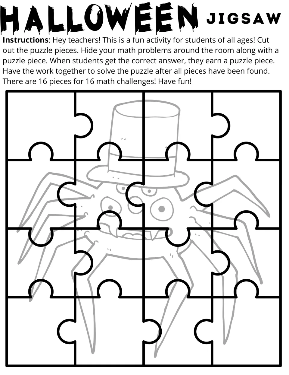 Halloween jigsaw: 16 pieces form a spider in a top hat, earned by solving math challenges supplied by the teacher.