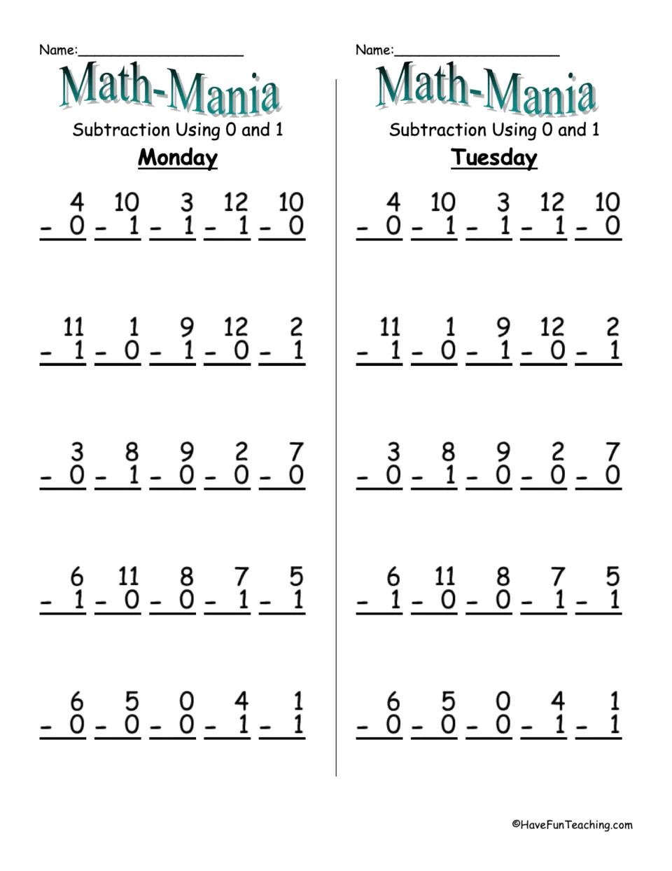 Subtraction using 0 and 1, Monday and Tuesday: students solve the same 25 vertical facts such as 10 - 1 and 12 - 0 each day