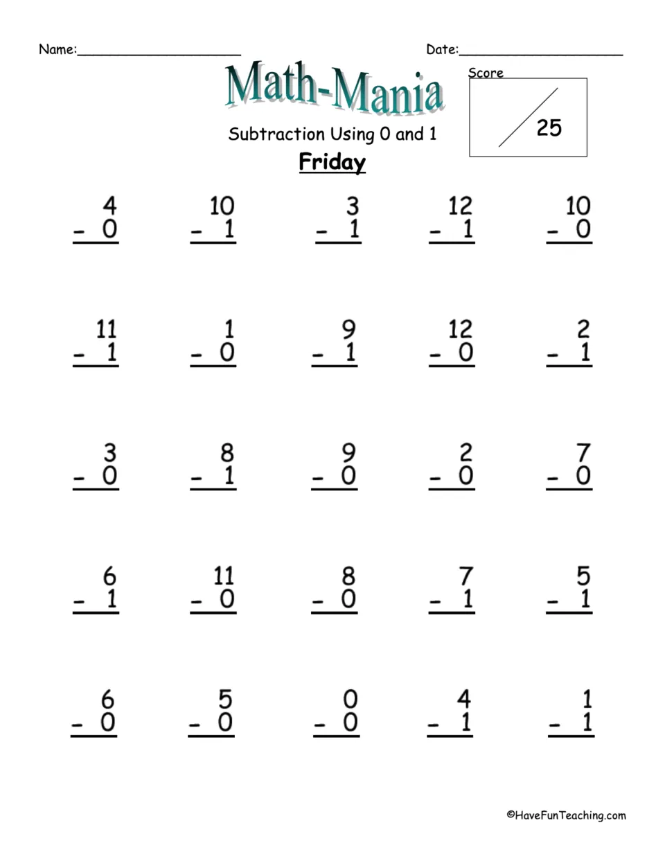 Friday test on subtraction using 0 and 1: students solve 25 facts, such as 9 - 1 and 0 - 0, and record a score out of 25