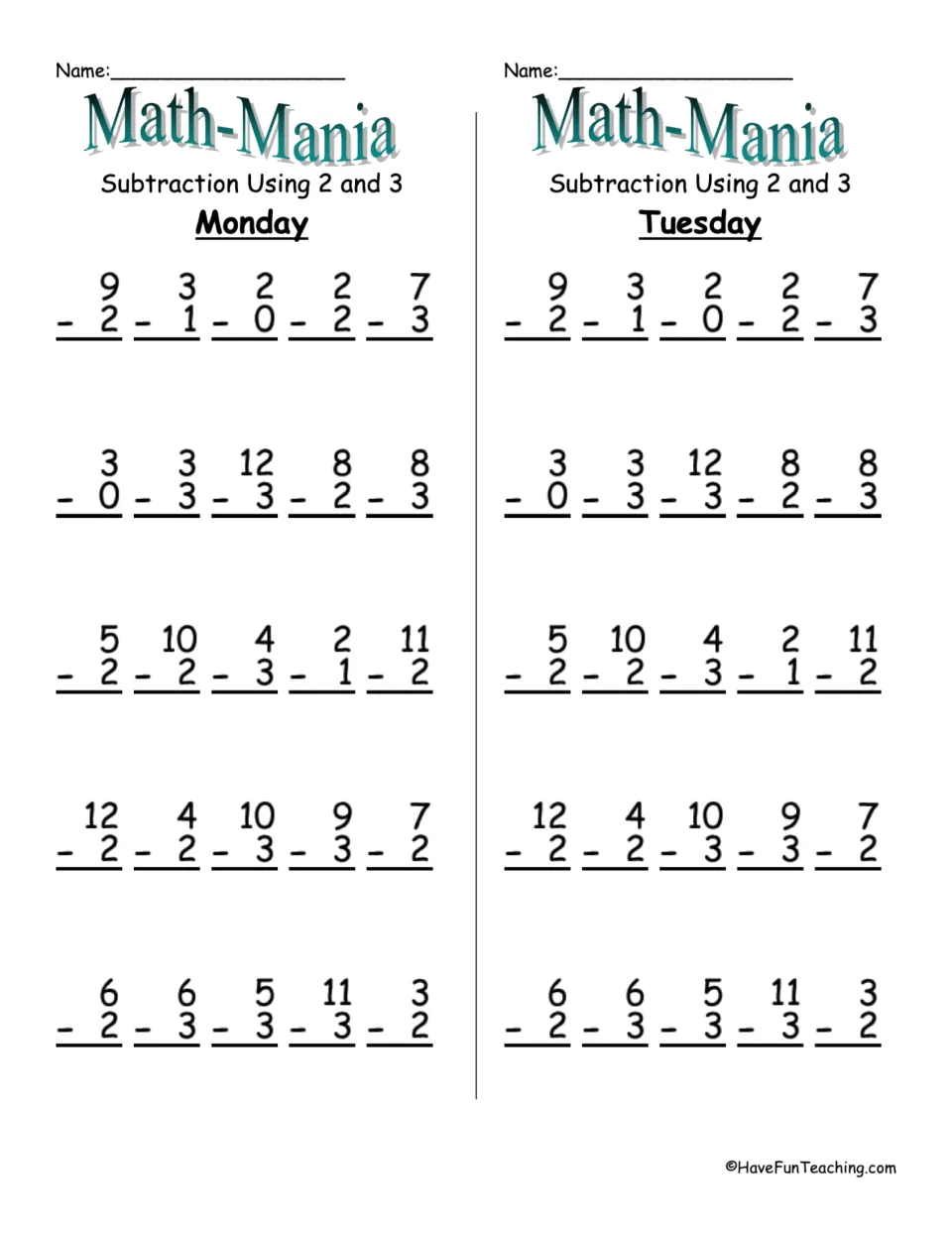 Subtraction using 2 and 3, Monday and Tuesday: students solve 25 vertical facts such as 9 - 2, 12 - 3 and 8 - 3 each day