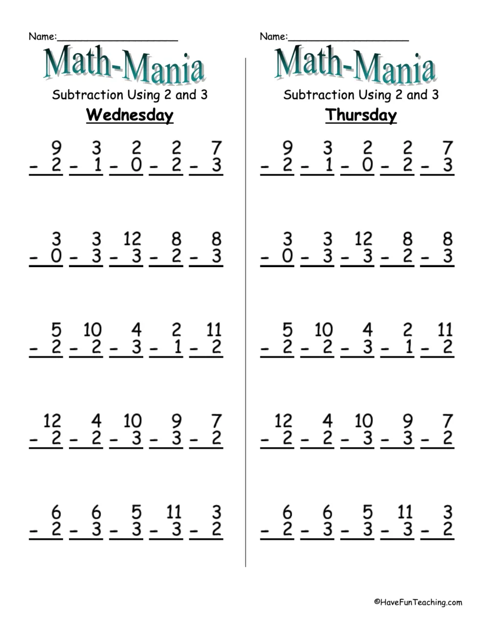 Subtraction using 2 and 3, Wednesday and Thursday: students rework the same 25 facts, including 10 - 2 and 11 - 3