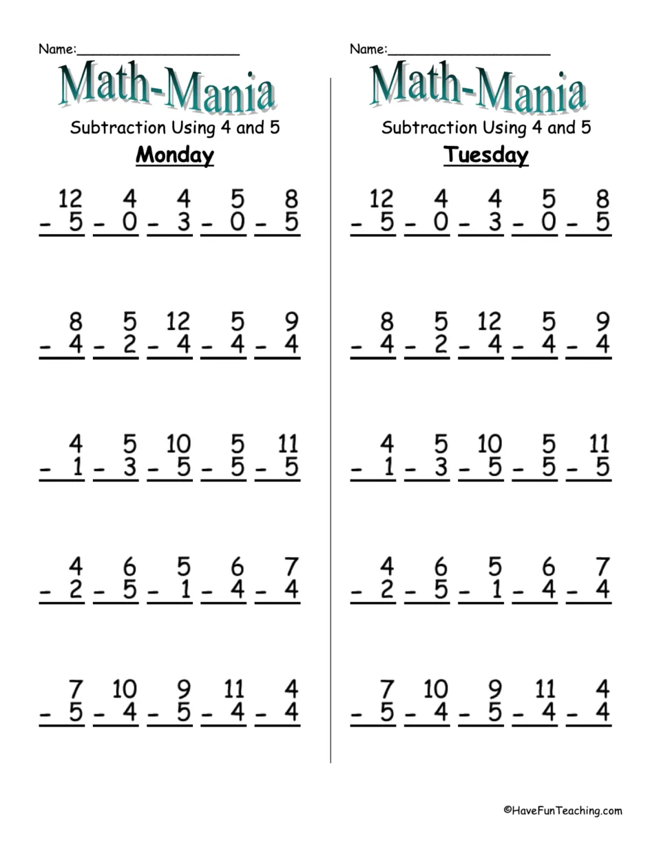 Subtraction using 4 and 5, Monday and Tuesday: students solve 25 vertical facts such as 12 - 5, 8 - 4 and 10 - 5 each day