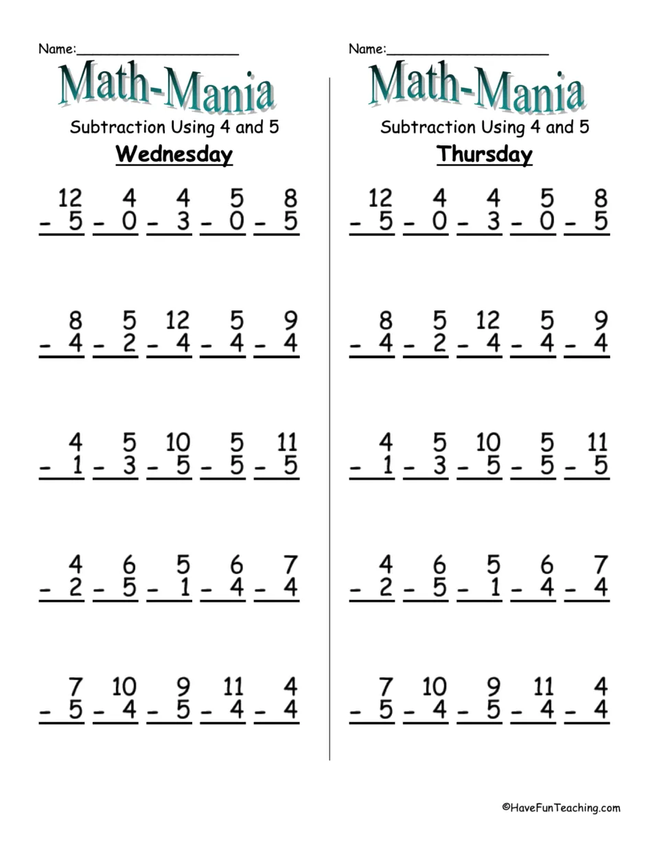 Subtraction using 4 and 5, Wednesday and Thursday: students practise the same 25 facts again, including 9 - 5 and 11 - 4
