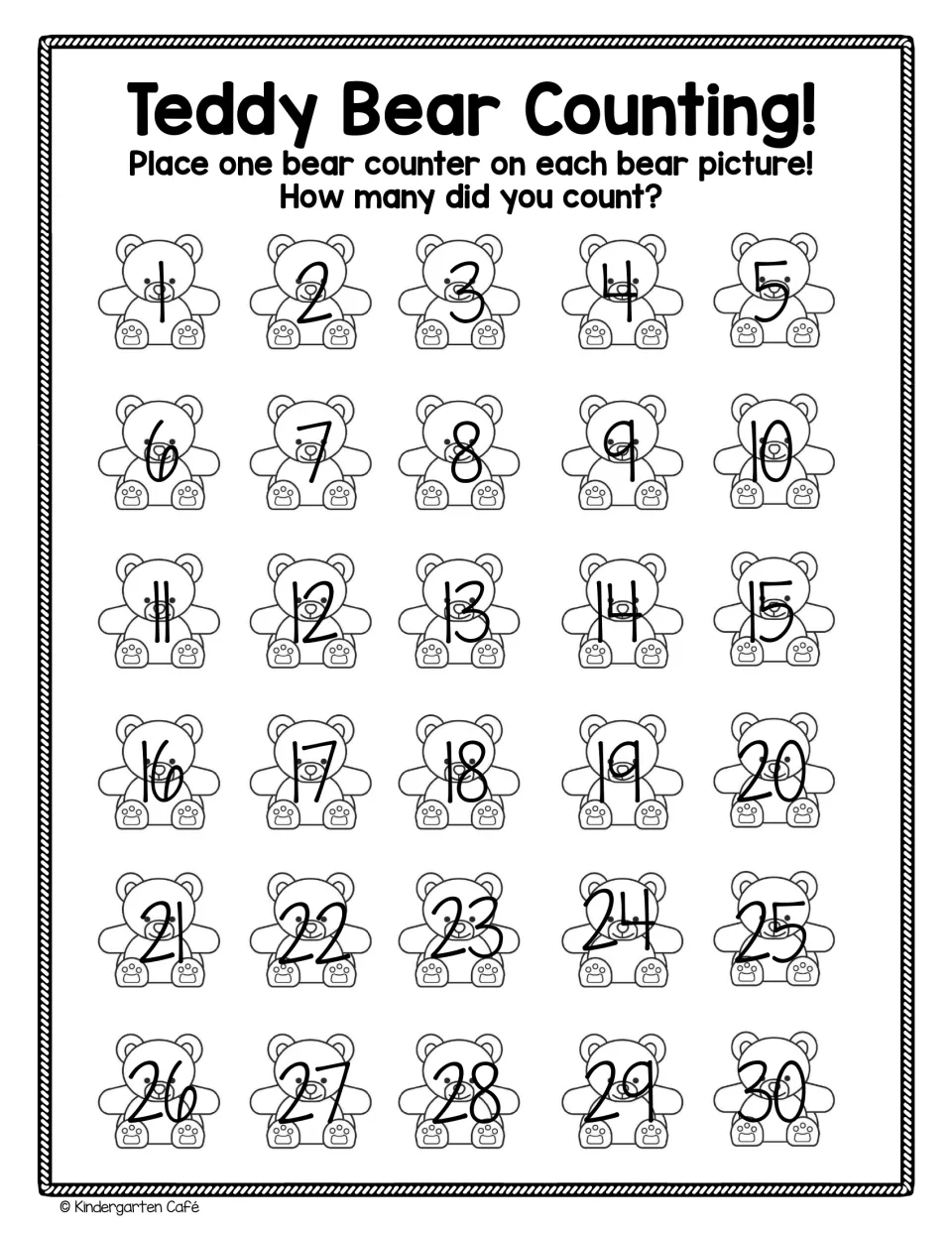 Teddy Bear Counting: students place one bear counter on each numbered bear from 1 to 30, then count how many they used