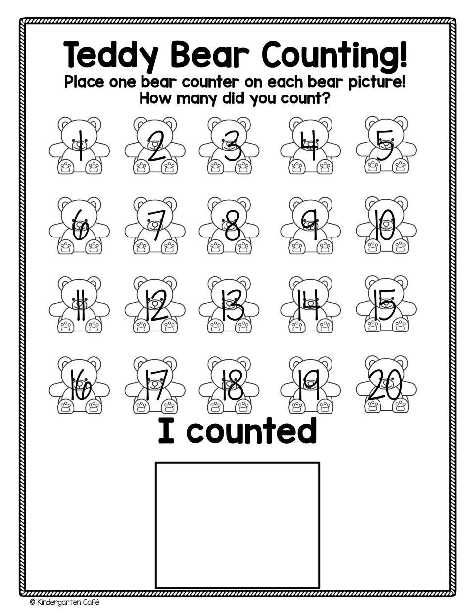 Teddy Bear Counting to 20: students cover numbered bears 1 to 20 with counters and write the total in the I counted box