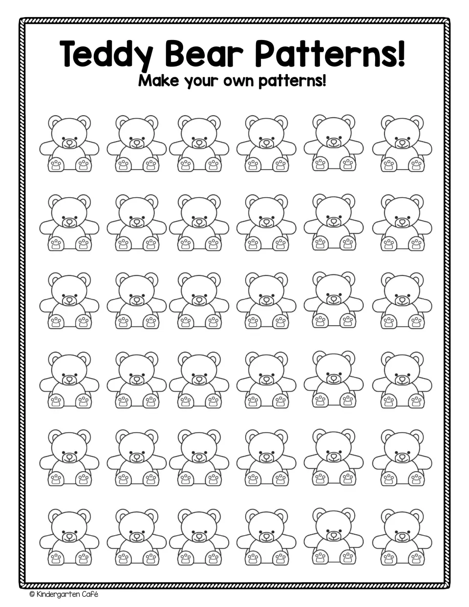 Teddy Bear Patterns: blank bear outlines where students build their own color patterns with bear counters in six rows