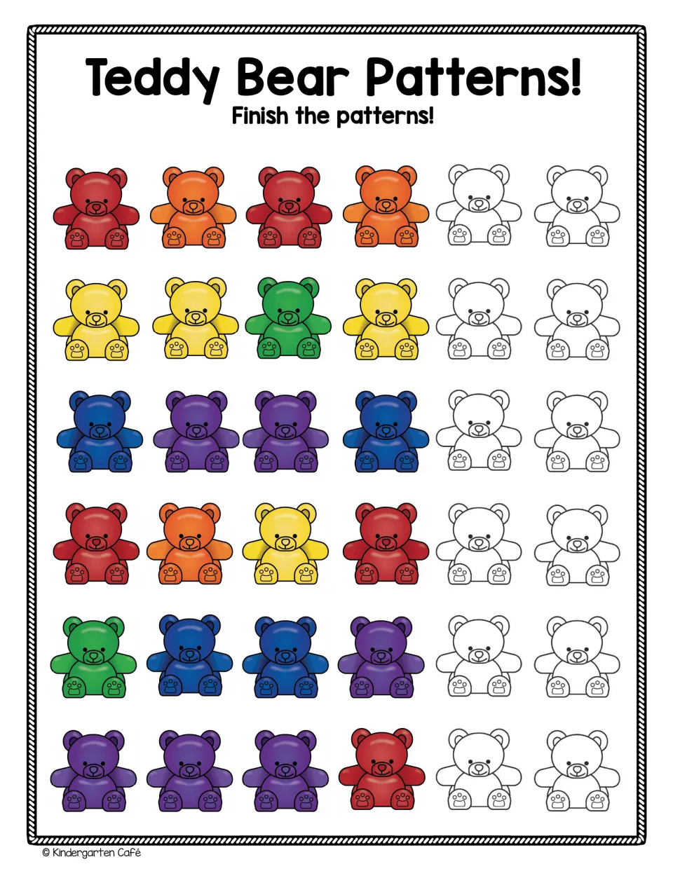 Finish the patterns: students extend six color patterns of four bears by placing counters on two blank bears per row