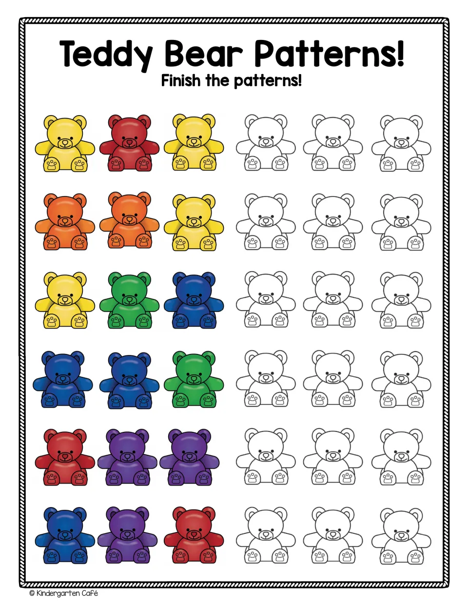 Pattern extension: students continue six three-bear color starts, such as yellow, red, yellow, onto three blank bears