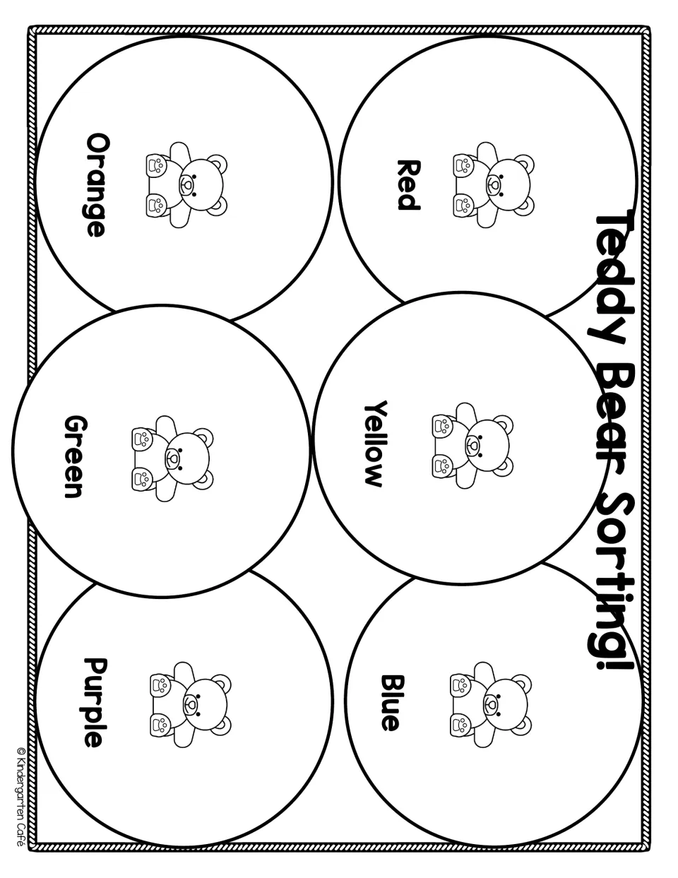 Color sorting mat in black and white: students sort bear counters by red, orange, yellow, green, blue and purple